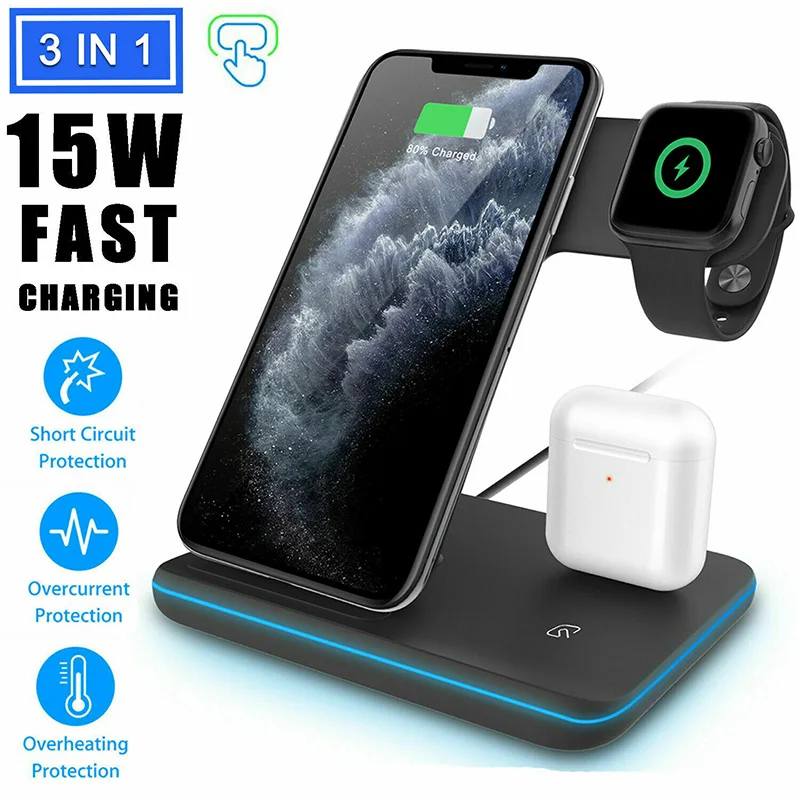 3-в-1 Беспроводной Зарядное устройство для iphone 8 plus 11 Pro plus док-станция для быстрой зарядки станции для наручных часов iWatch, для Airpods Беспроводной Зарядное устройство
