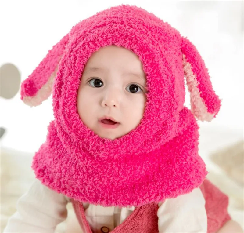 Hot Pink Детский плюшевый шарф с капюшоном, детская шапка и шарф, детская зимняя теплая Защитная шапка с ушками для девочек и мальчиков, милая шапка с большими ушами, аксессуары - Цвет: Hot Pink