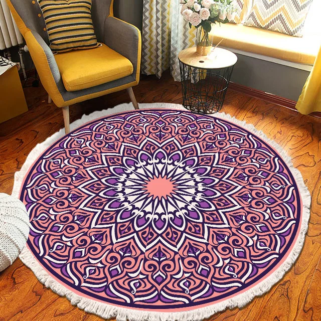 ​Home Decor Retro Bohemian Round Carpet Hand Woven Cotton Linen Carpet Rug Bedside Rug Geometric Floor Mat Living Room Carpet O