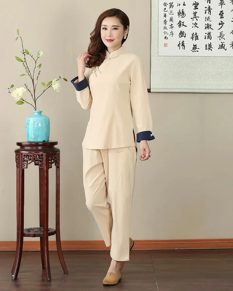 New Style Spring And Autumn Solid Color 2702-1 WOMEN'S Dress Cotton Linen Chinese-style Long Sleeve Chinese Costume Set Middle-a