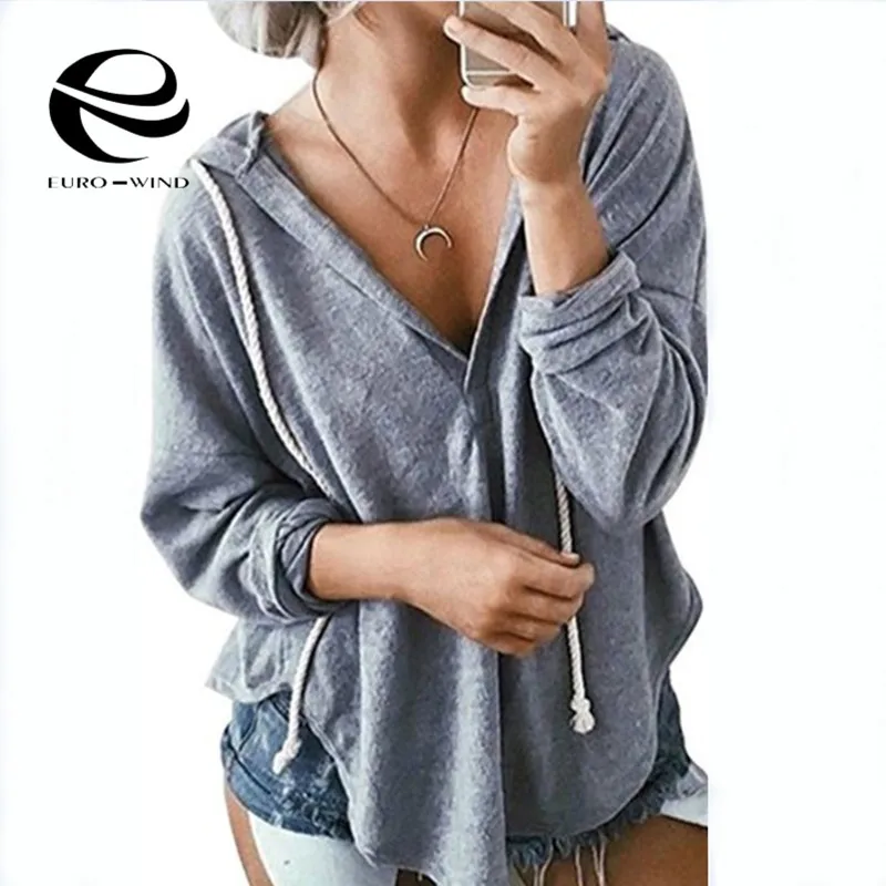 Plus Size Harajuku Women's Sweatshirt and Hoody Ladies Oversize Solid V Neck Hood Casual Hoodies Pu