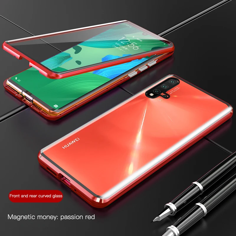 Магнитный металлический двойной стеклянный чехол для телефона huawei P30 P20 Pro Nova 5 Роскошный магнит адсорбционная Защитная крышка Coque Funda Shell - Цвет: Red