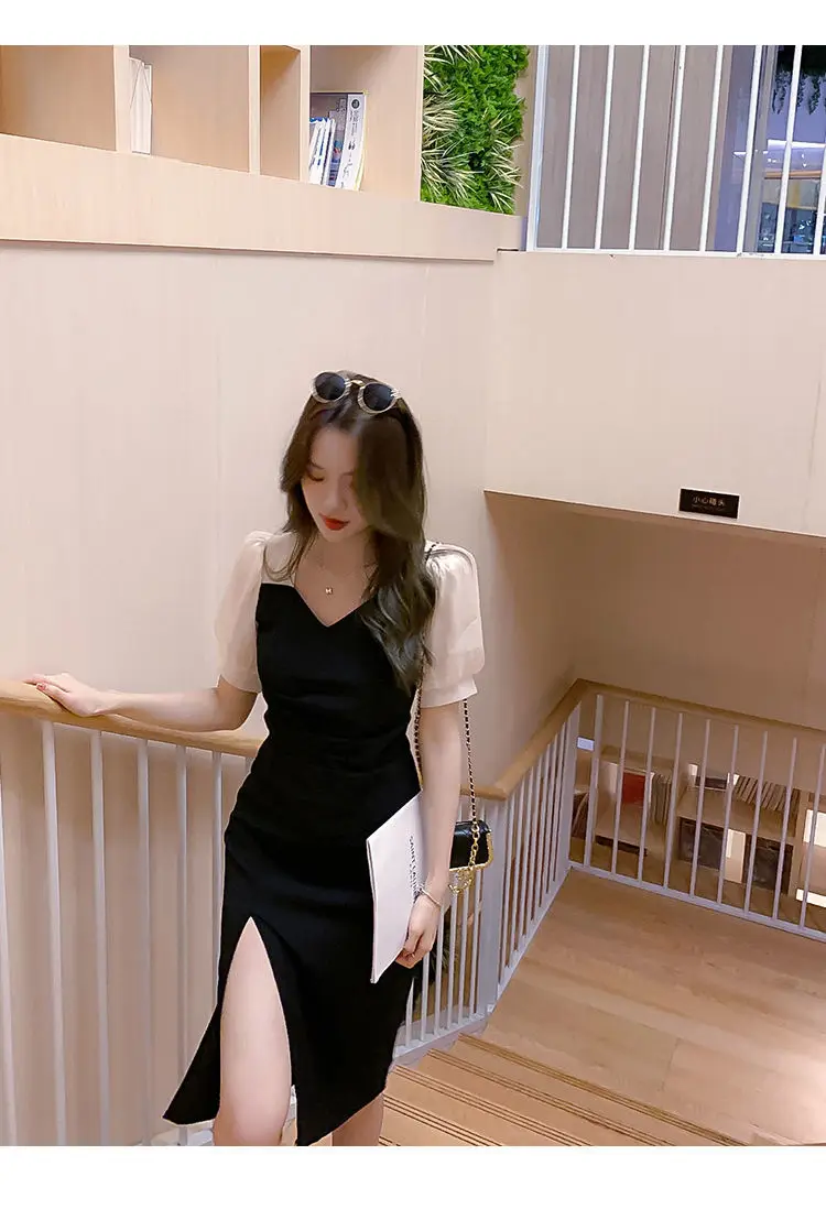 Dress Women Sexy Patchwork Leisure Holiday Party Female Side-slit Elegant Puff Sleeve Abdomen Two-length Fashion Design Summer party dresses for women