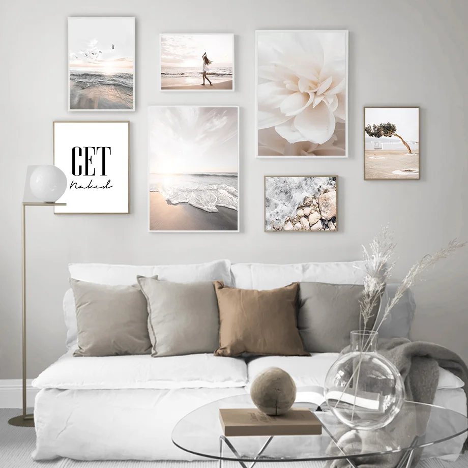 Sea Beach Flower Tree Stone Girl Seascape Wall Art Canvas Painting Nordic Posters And Prints Wall Pictures For Living Room Decor