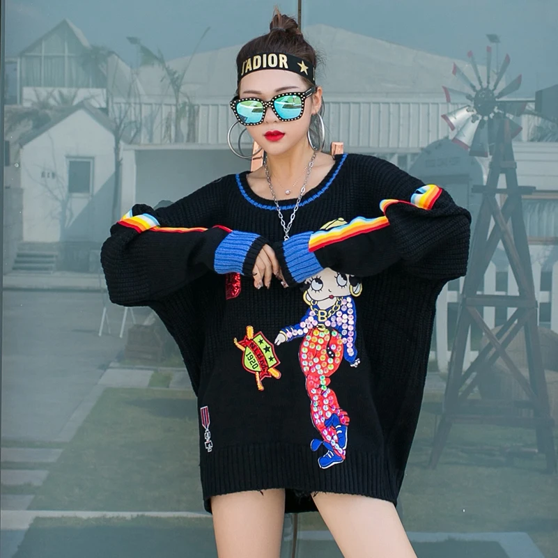 SexeMara/Модный Свободный вязаный свитер с аппликацией и пайетками;