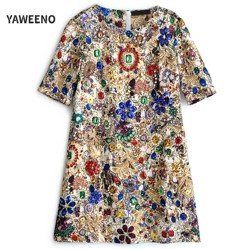 Yaweeno2020 New Fashion Runway Summer Vintage Dress Women's Half Sleeve Peinted Crystal Beading Elegant Party Loose Mini Dresses | Женская