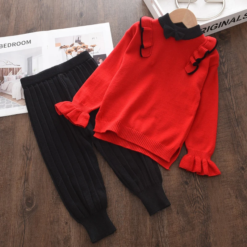 Melario Autumn Winter Fashion Girls Bow Knitted Thick Clothes Sets Kids Warm Long Sleeve Sweater Pants 2pcs Set Baby Girl Outfit