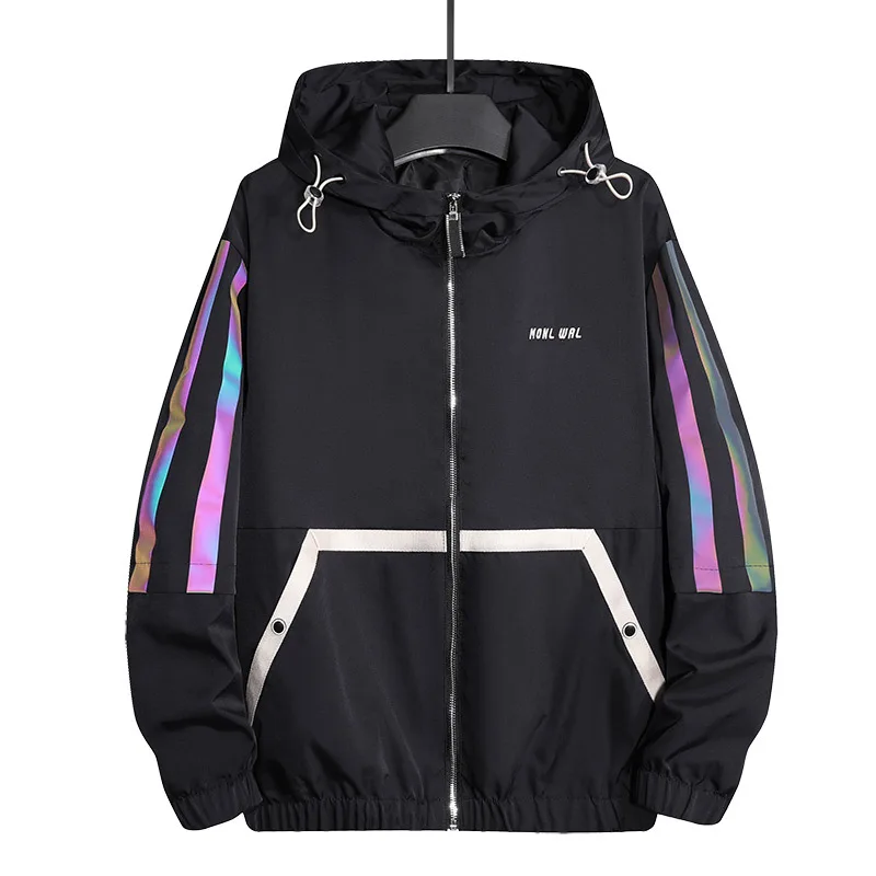 

Harajuku Jacket Mens Hip Hop Windbreaker Jackets Printed Dance Jacket Loose Thick Coat Autumn Clothes Colorful Reflective M-8XL