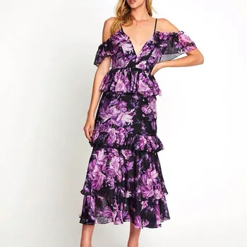 

I Brand 2020 Temperament Fang Collar Short Sleeve Printing Auricularia Auricularia Edge Irregular Short Money Dress