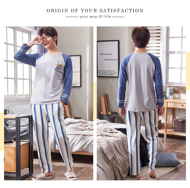 Пижамный комплект для мужчин с длинным рукавом в полоску с круглым вырезом Новая мода корейский стиль мужчины s плюс размер Домашняя одежда мужские удобные пижамы повседневные