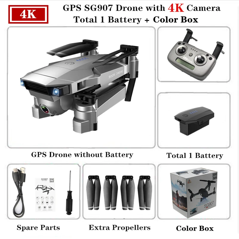 SG907 Радиоуправляемый Дрон с GPS 4K Квадрокоптер с 5G WiFi 90 градусов Электрическая регулировка камера слежения за мной Квадрокоптер VS S167 E520S Дрон - Цвет: 4K-Color Box-1B