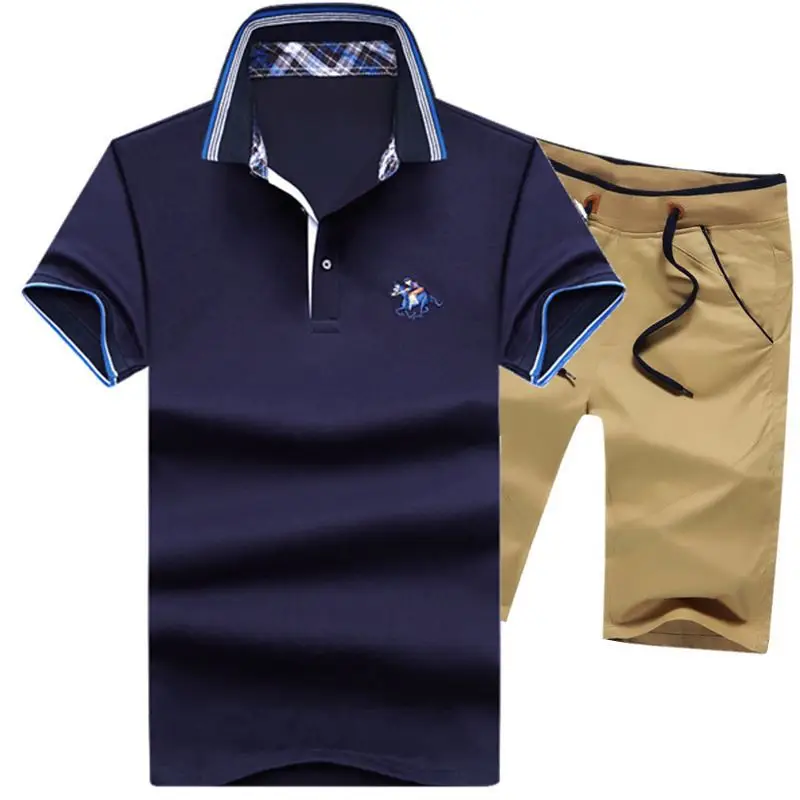 AZ-1713 navy blue 2 Aismz Мужская спортивная одежда повседневные спортивные костюмы мужские Moletom Masculino Летние наборы вышивка поло топы футболки+ шорты мужские s комплект - Цвет: AZ-1713 navy blue 2