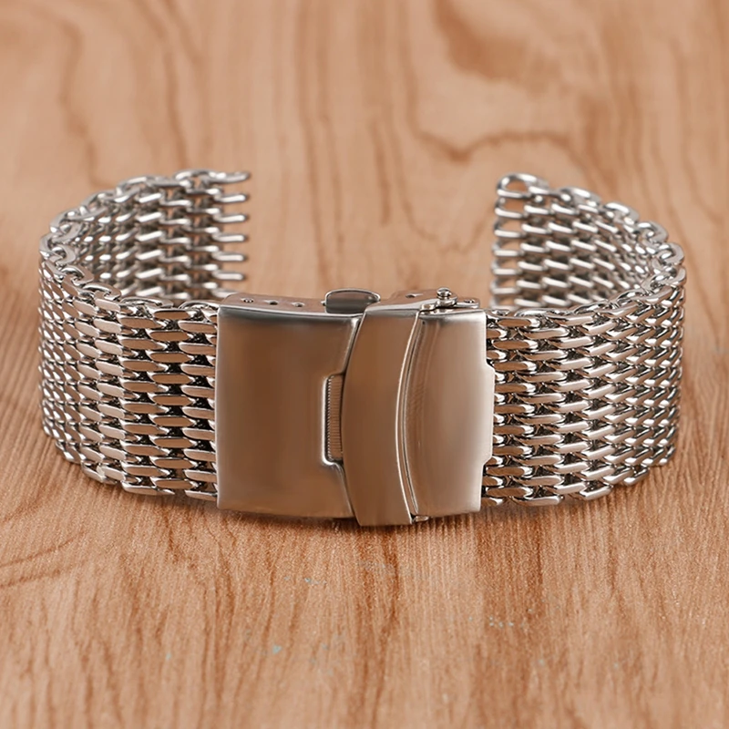 HQ 18/20/22 мм Watchstrap раза по сравнению с застежкой безопасности Кнопка ремень Для мужчин одноцветное звеньев серебряная сетка