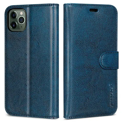 Navy Jisoncase Чехол-бумажник из натуральной кожи для iPhone 11 Pro, противоскользящий с держателем для карт и магнитной застежкой - Цвет: Navy