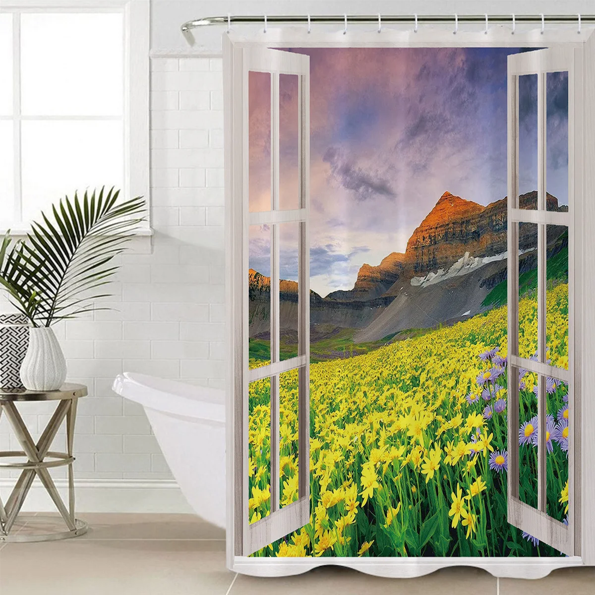 Creative Window Views Yellow Flower Fields Blooming In Spring Hook Shower Curtain for Bathroom Decoration