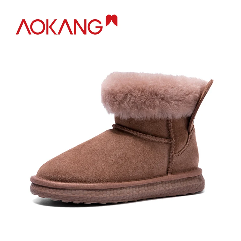 AOKANG/зимние ботинки; коллекция года; теплые ботинки из коровьей замши на меху; Женская Удобная Обувь из мягкого плюша; милые женские ботинки на плоской подошве - Цвет: brown196026002