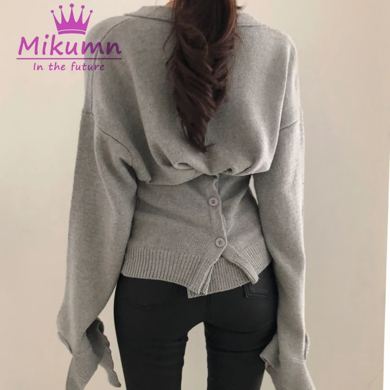 Дизайн, женский свитер, ассиметричный однобортный свитер с длинным рукавом, женские свитера, серый, красный, хаки, винтажные одноцветные вязаные топы