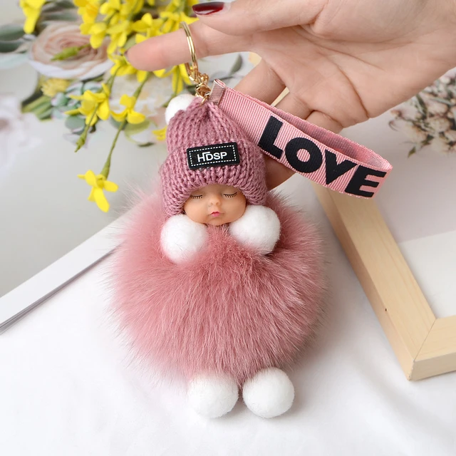 3color Cute Sleeping Baby Doll Cartoon Jewelry Keychain Pompom Fur Ball Key  Chains Car Keyring Women Key Holder Bag Pendant Charm Accessories
