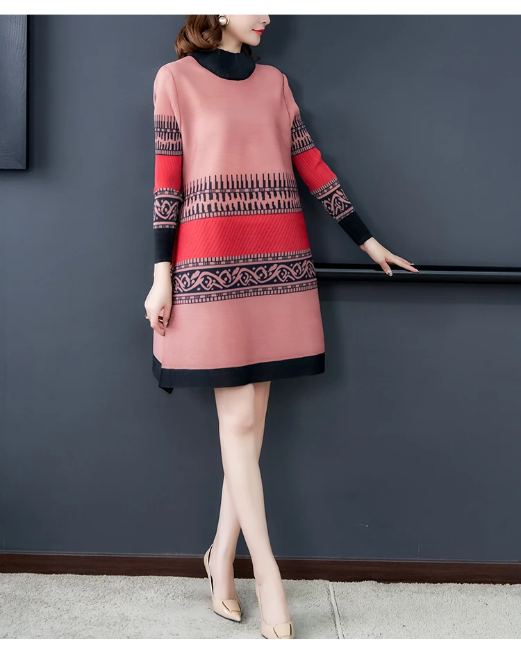 Новое модное Плиссированное свободное платье для женщин с длинным рукавом элегантное винтажное платье с принтом весеннее мини Vestidos Feminina платье