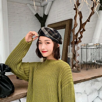 

Hat female autumn and winter fashion art plaid beret Japanese all-match painter hat retro pumpkin hat
