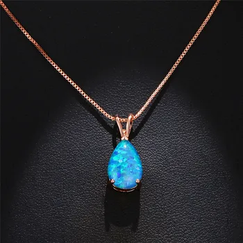 

Boho Female Small Water Drop Pendants Necklaces Rose Gold Wedding Necklaces For Women Vintage Blue White Green Opal Necklace