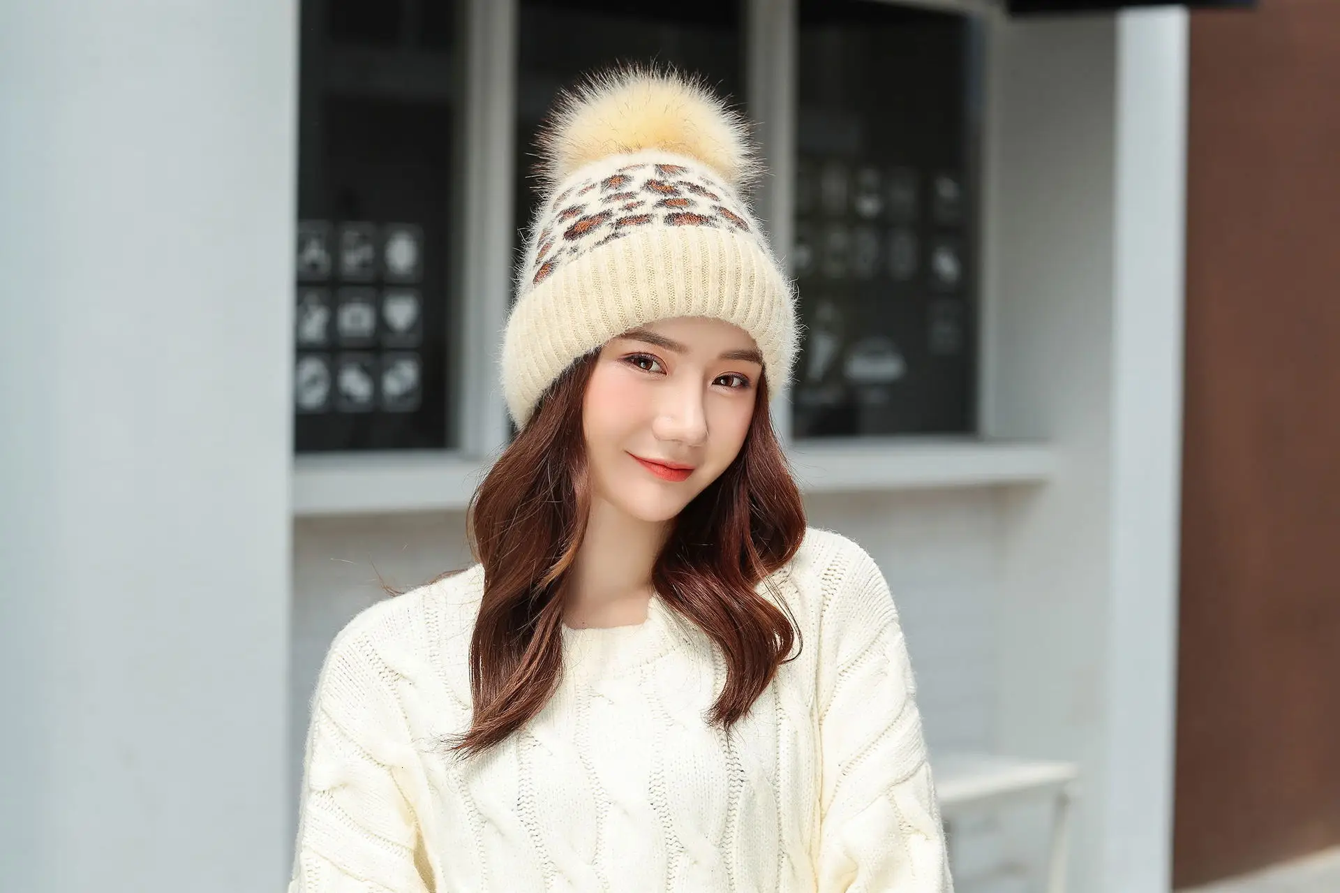 Women Beanies Pom Poms Rabbit Hat Beanie Knitted Skullies Fashion Caps Ladies Knit Cap Winter Hats For Women