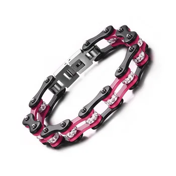 

new Popular in Europe and America Stainless Steel Pink Black Crystal Motorcycle Biker Bicycle Chain Link Bracelets for Men Women