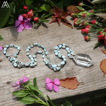 

Natural White Quartz Double Point Pendant 8mm Larimar Stone Nugget Chip Beads Knotted Handmade Necklace 32 Inch Long