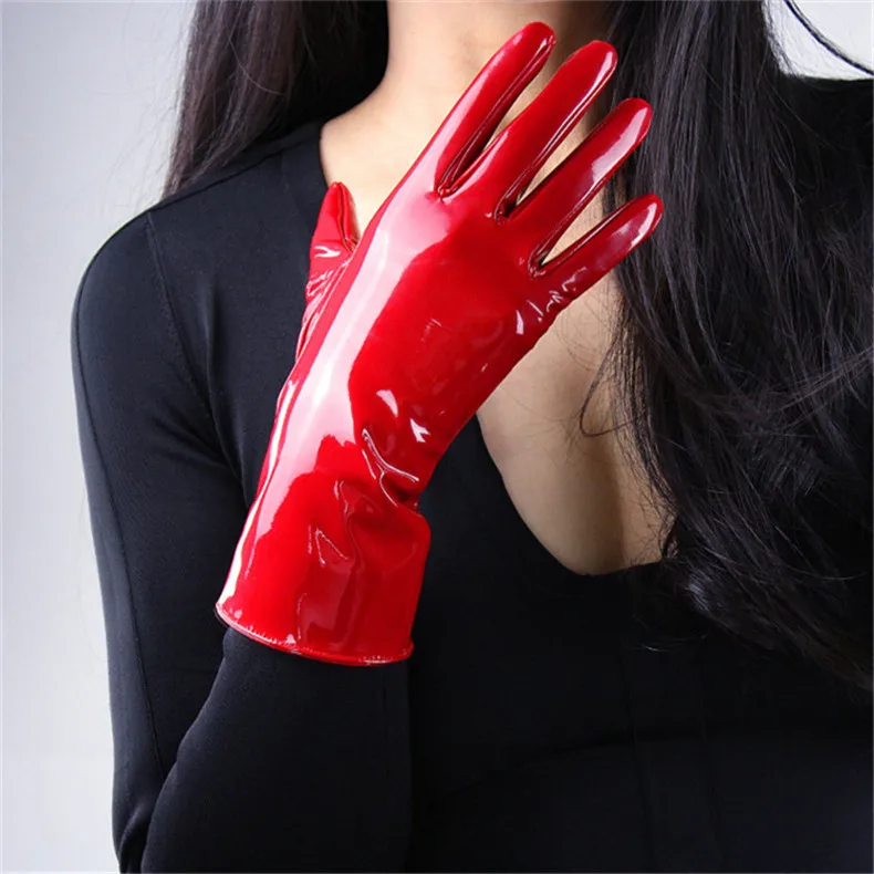 Модные Лакированная кожа перчатки средней длины из искусственной кожи 28 см яркий черные перчатки из искусственной кожи женский основной