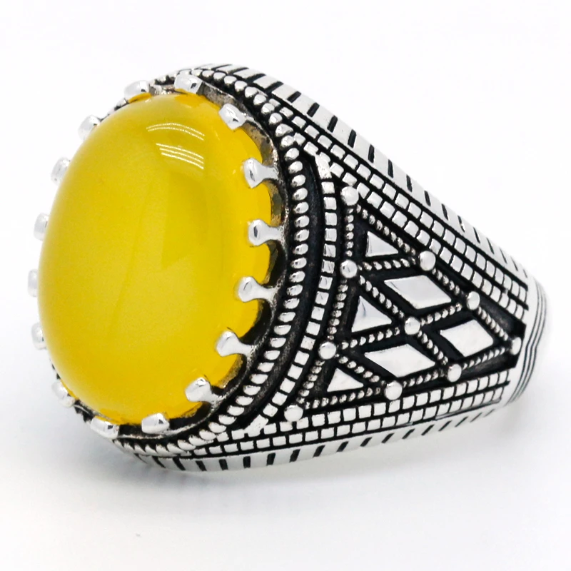 Anillos con piedra de ágata para hombre, Gema amarilla de Ley con anillos a rayas, joyería de plata turca tailandesa para hombre, Regalo para marido|Anillos| - AliExpress