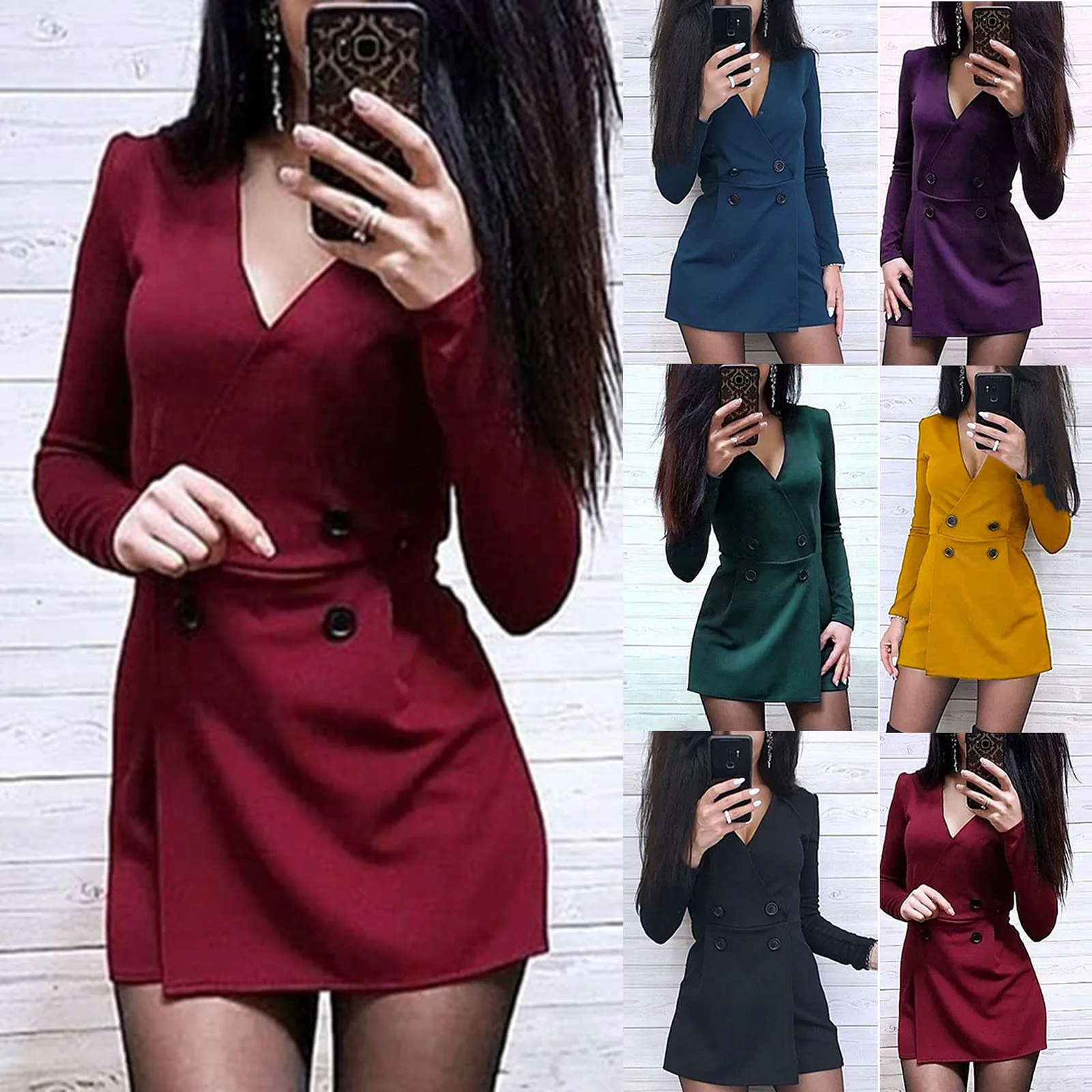 Mono Sexy de manga larga para mujer, traje con cuello en V profundo, pantalones cortos de doble botonadura, 2021