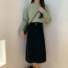Женские вельветовые юбки с разрезом осень-зима, прямые Элегантные корейские модные длинные юбки с карманами и высокой талией для женщин