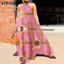 

VONDA 2022 Printed Holiday Party Maxi Dress Femme Women Vintage Sleeveless Off Shoulder Halter Dress Vestido Oversize Robe Femme