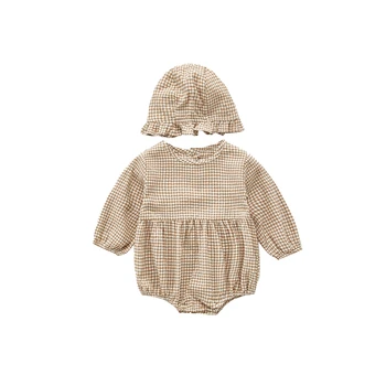 

New Autumn Baby Rompers Girl Cotton Plaid One-Piece Suit Crawling Clothes Fashion Outfits with Hat Infant Toddler Clothing