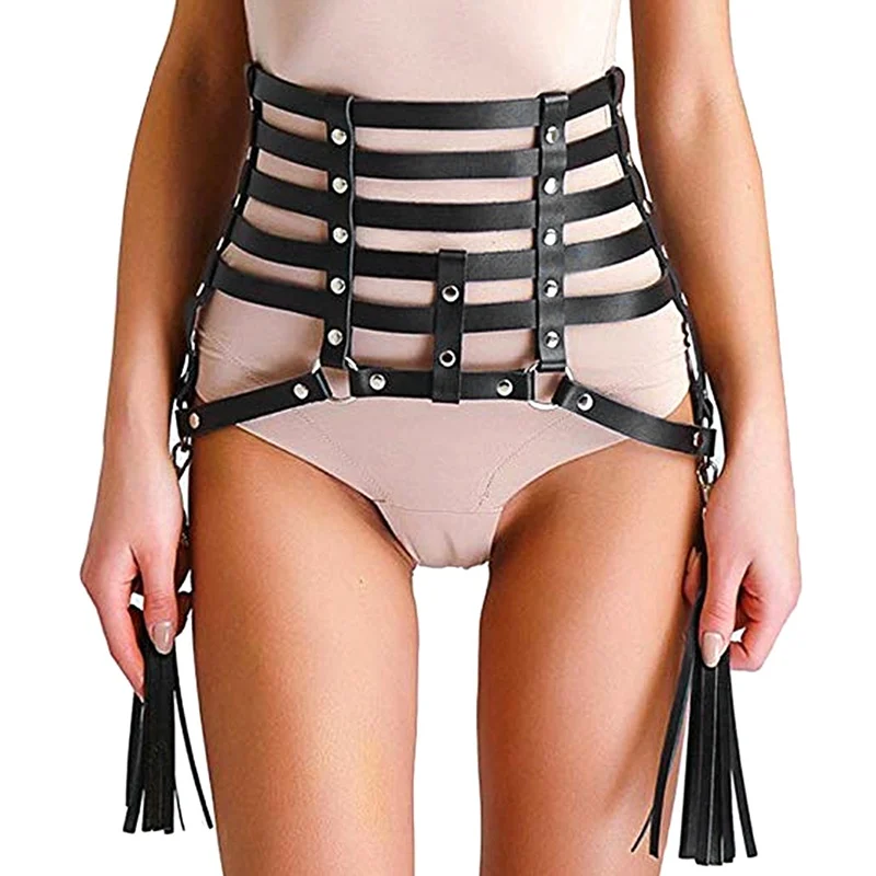 Leather Harness Bow Garter Cage Waist Stocking Suspender Belt Fetish Metal Chain Harajuku Gothic Plus Size Adjust Sexy Lingerie - Цвет: PG0154