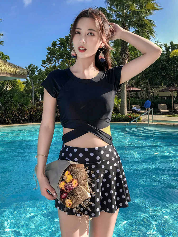 

Adult Bathing Suit Women's Conservative Split Type Boxer Swim Bathing Suit New Style Slimming Belly Covering Short Sleeve Sports
