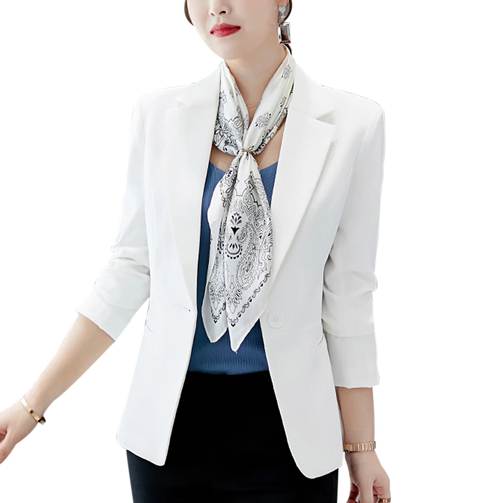 Корейская версия маленького костюма куртка Женская Осень Весна женский Тонкий длинный рукав офисный чистый цвет большой размер костюм S-2XL - Цвет: White