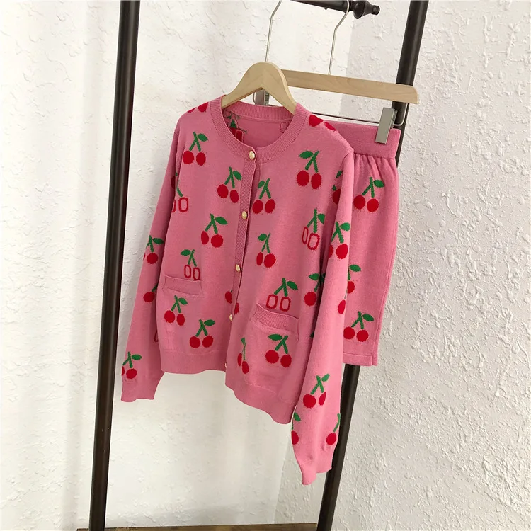

Women Knitted Skirt Suit Korean Version Cherry Embroidered Knitted Long Sleeve Sweater +Skirt Two Pieces Sets