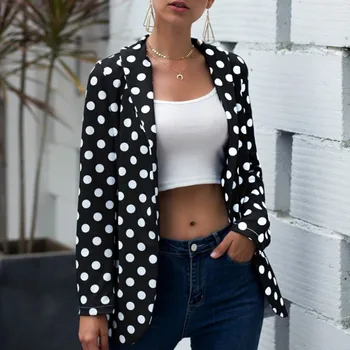 

Fashion New Women Polka Dot Jacket Long Sleeve Small Suit Jackets Lapel Loose Cardigan Blue Black Coat XL
