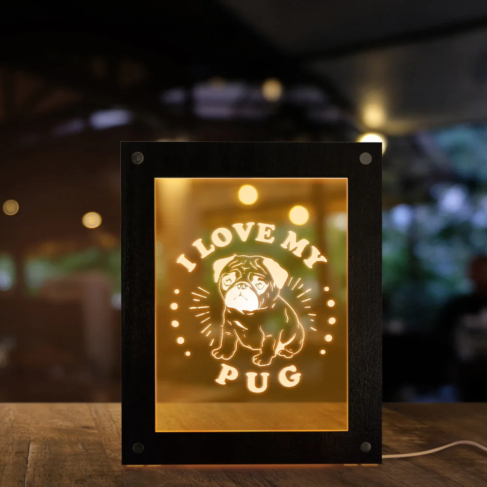 I Love My Pug деревянная светодиодная фоторамка ночник голландский мастиф пользовательское освещение текстовое изображение рамка голландский щенок бульдога домашний декор