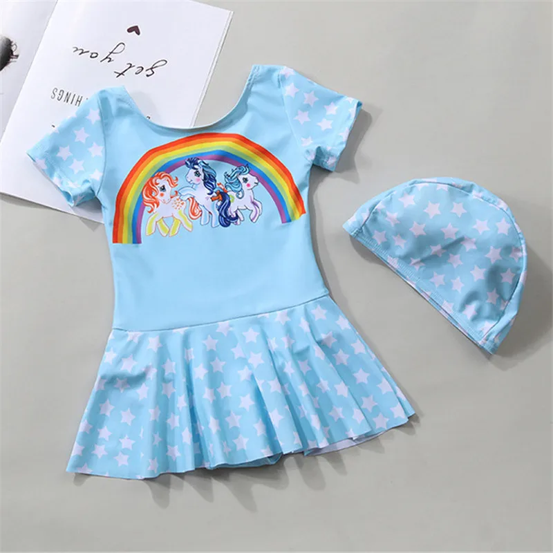 Blue Синий и розовый слитный детский купальник с коротким рукавом из полиэстера для малышей, летняя пляжная одежда - Цвет: Blue
