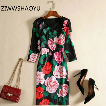

ZIWWSHAOYU Women Summer V-Neck Vintage Party Slim Pencil Dress Runway Designer Ladies Rose Floral Print Elegant Mini Dresses
