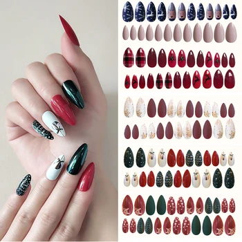 

24Pcs/sheet Acrylic Full Cover Artificial Fake Nails DIY Christmas Tree Snowman Christmas Nail Art
