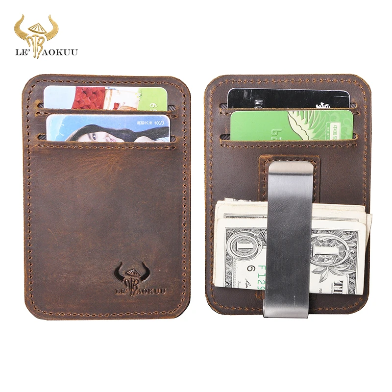 

Trend Luxury Unisex Crazy Horse Leather Gift Design Fashion Minimalism Slim Wallet Front Pocket Money Clip Mini Clamp Purse C092