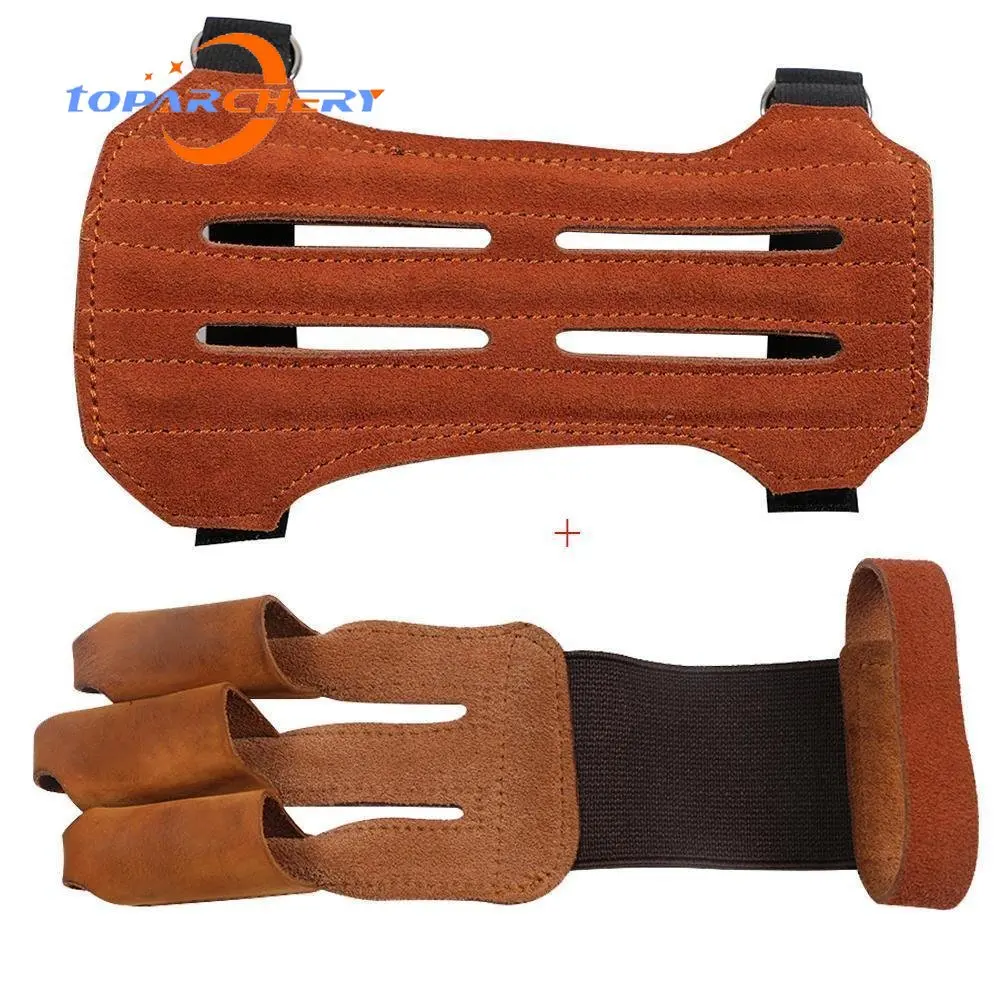 Archery Arm Finger Guard Leather Handguard Protector Adult 3 Finger Glove Left Right Hunting Shooting Safety Anti Slip Protect