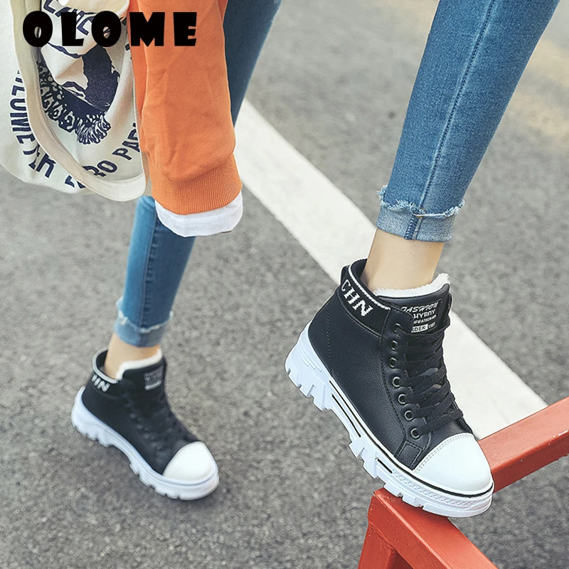 Winter Snow Boots New Sinter Black Chunky Sneakers Female Casual Plus Velvet White Shoes Wild Student Women Cotton Lace Up Boots