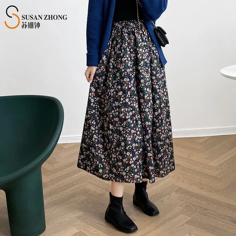 

Women Skirt Female Elegant Romantic Feminine A-Line Flower Print Elastic Waist Vintage Mid-Calf Floral Pleated Autumn Winter