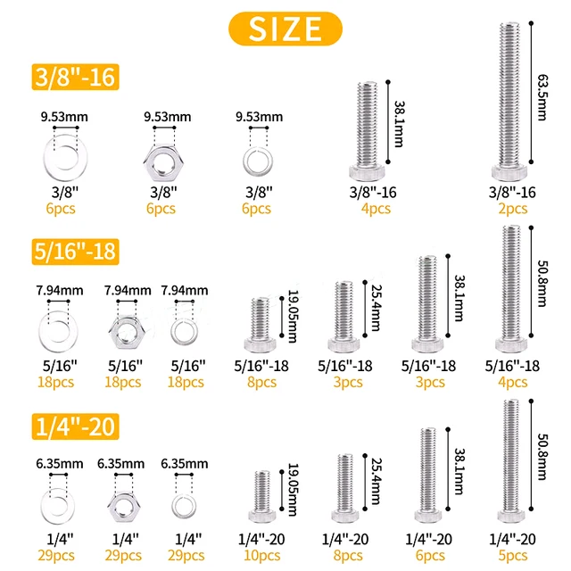 212 Pcs Unc Racillex Acél 304 Külső Hatszögletű Csavarválaszték 1/4 "20-3/8" - Image 2