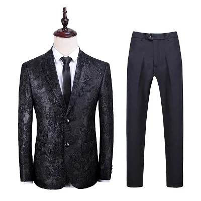 2 Pieces Set Floral Suits Casual Men Blazers Pants Long Sleeve Clothes Printed Dinner Party Suit New Fashion - Цвет: black