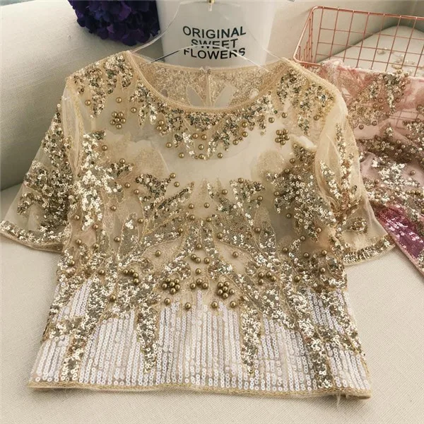 apricot white blouse Yocalor/ новые летние газовые цветные женские блузы с блестками и круглым вырезом, блузка с коротким рукавом, украшенная бисером, прозрачные блузы - Цвет: apricot white blouse